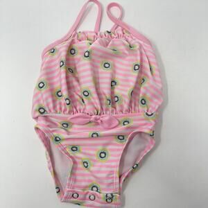 Pink Striped Kiwi Print One Piece Baby Swimsuit Snap Closure Bow 6-9 Months